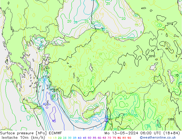 Izotacha (km/godz) ECMWF pon. 13.05.2024 06 UTC