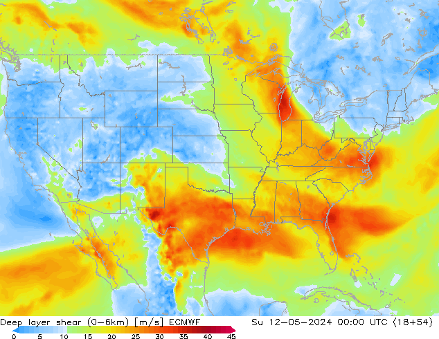 Deep layer shear (0-6km) ECMWF So 12.05.2024 00 UTC