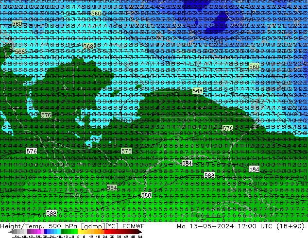 Height/Temp. 500 hPa ECMWF Po 13.05.2024 12 UTC