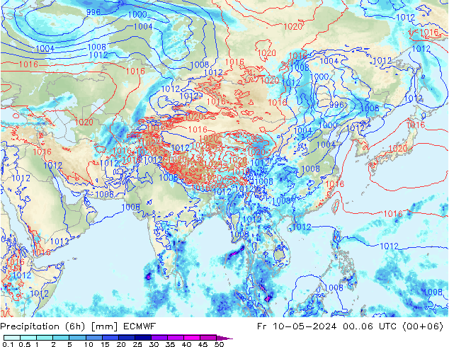 Totale neerslag (6h) ECMWF vr 10.05.2024 06 UTC
