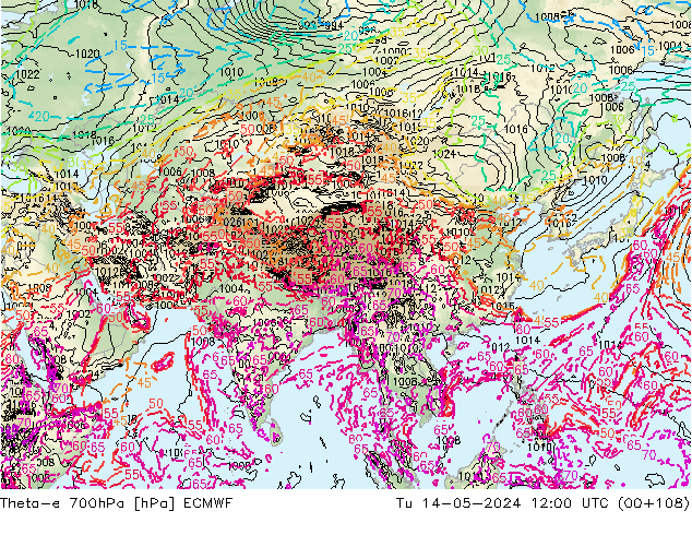 Theta-e 700hPa ECMWF di 14.05.2024 12 UTC