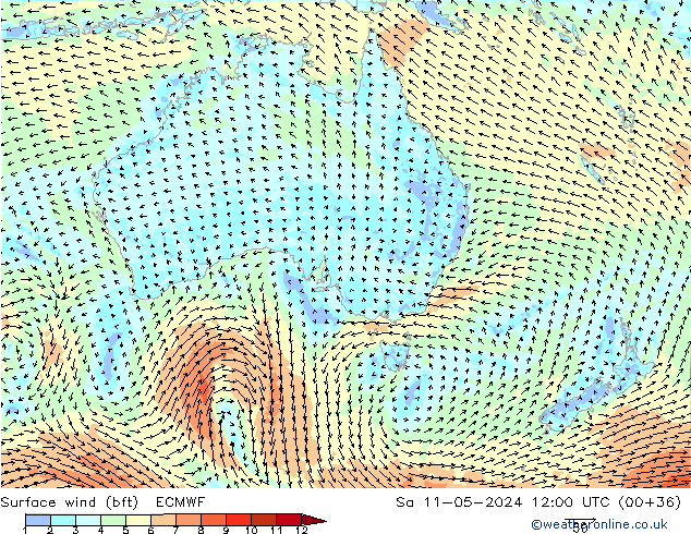 Wind 10 m (bft) ECMWF za 11.05.2024 12 UTC