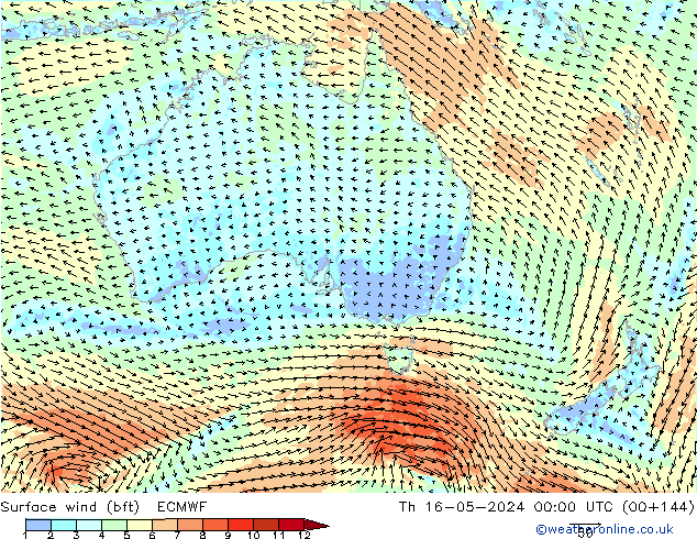Surface wind (bft) ECMWF Th 16.05.2024 00 UTC