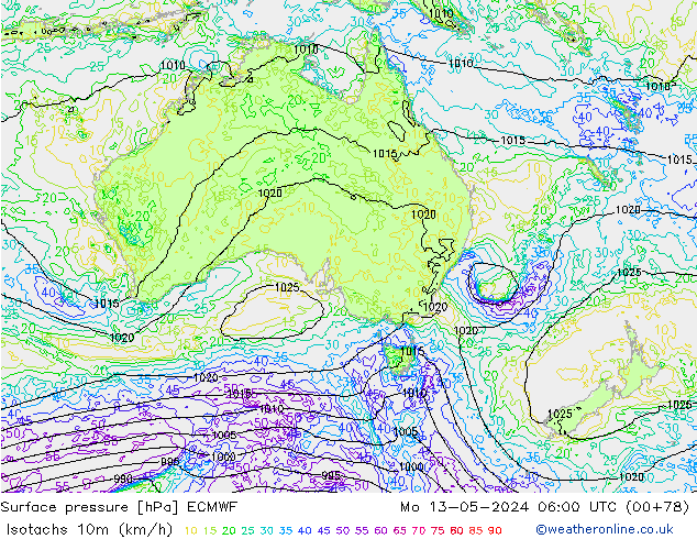 Isotachen (km/h) ECMWF Mo 13.05.2024 06 UTC