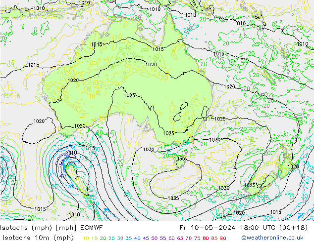 Izotacha (mph) ECMWF pt. 10.05.2024 18 UTC