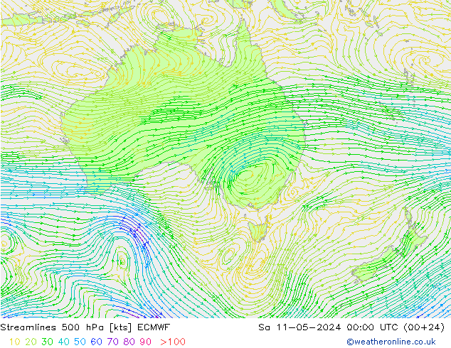 Linia prądu 500 hPa ECMWF so. 11.05.2024 00 UTC