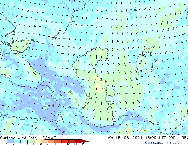 Vento 10 m (bft) ECMWF mer 15.05.2024 18 UTC