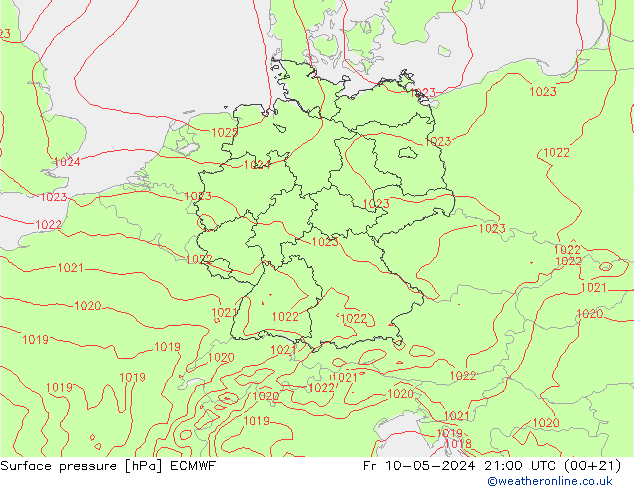 Bodendruck ECMWF Fr 10.05.2024 21 UTC