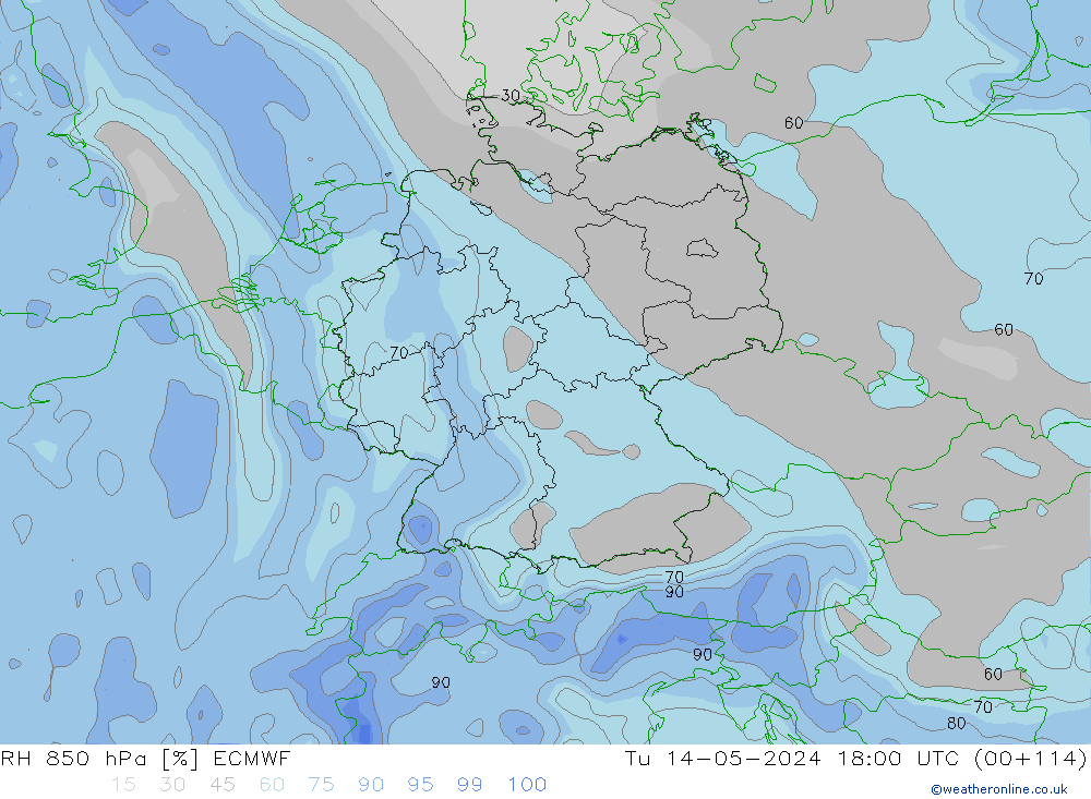 Humedad rel. 850hPa ECMWF mar 14.05.2024 18 UTC