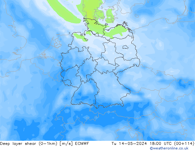 Deep layer shear (0-1km) ECMWF Di 14.05.2024 18 UTC