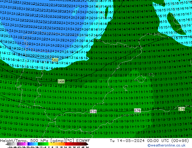 Z500/Rain (+SLP)/Z850 ECMWF Tu 14.05.2024 00 UTC