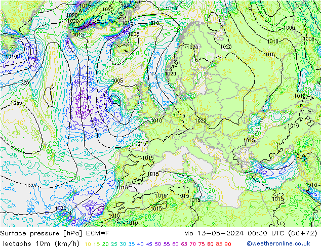 Isotachen (km/h) ECMWF Mo 13.05.2024 00 UTC