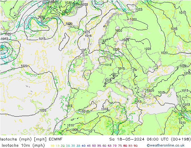 Isotachen (mph) ECMWF Sa 18.05.2024 06 UTC