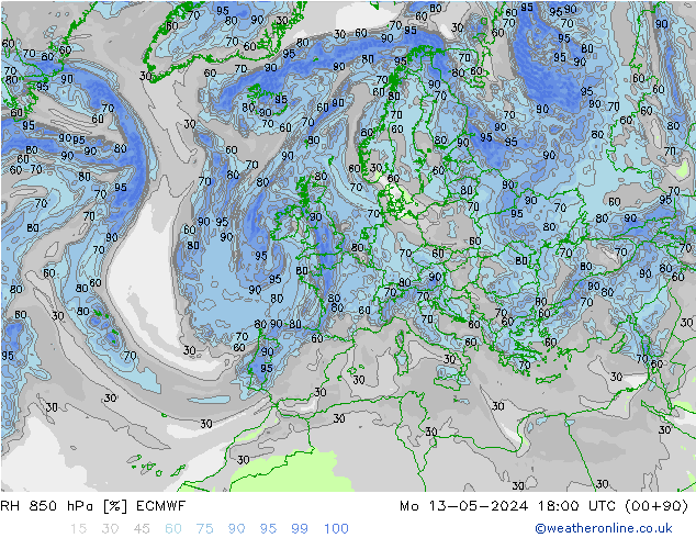 RH 850 hPa ECMWF Mo 13.05.2024 18 UTC