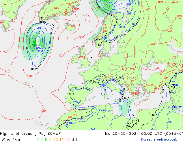 High wind areas ECMWF пн 20.05.2024 00 UTC