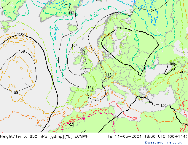 Geop./Temp. 850 hPa ECMWF mar 14.05.2024 18 UTC
