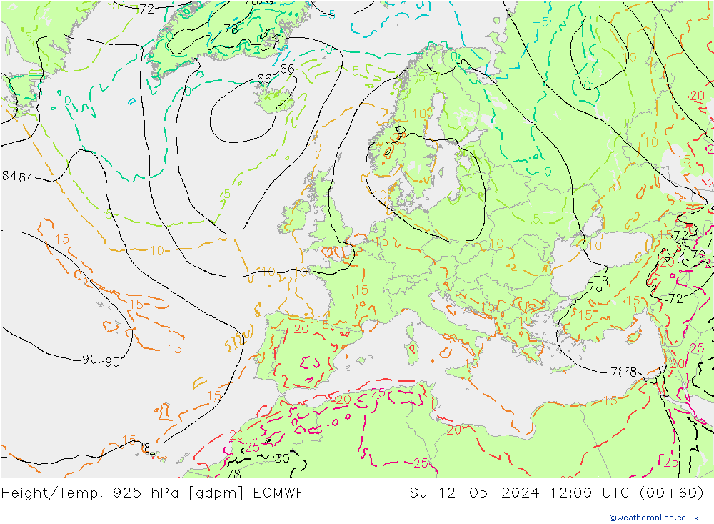 Height/Temp. 925 hPa ECMWF Su 12.05.2024 12 UTC