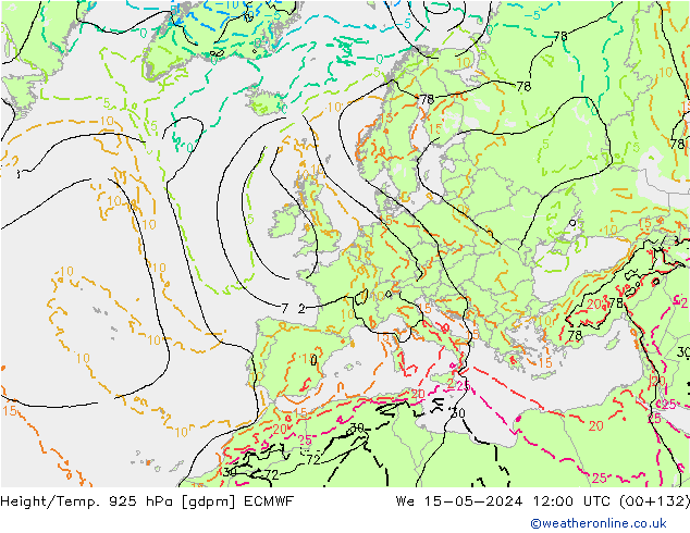 Height/Temp. 925 hPa ECMWF śro. 15.05.2024 12 UTC