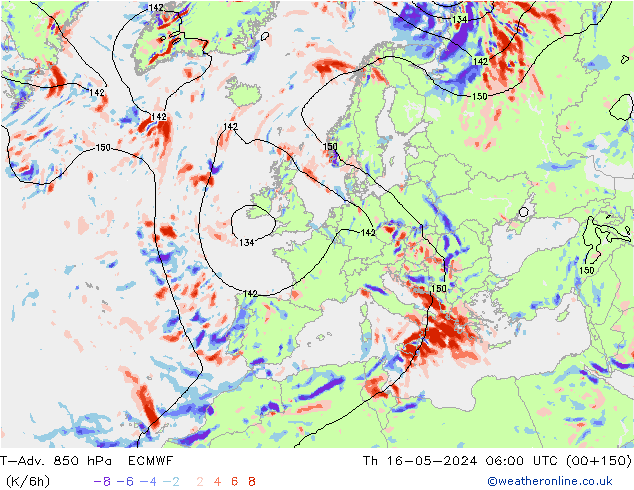 T-Adv. 850 hPa ECMWF Do 16.05.2024 06 UTC