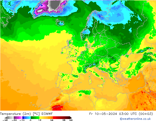 Temperaturkarte (2m) ECMWF Fr 10.05.2024 03 UTC