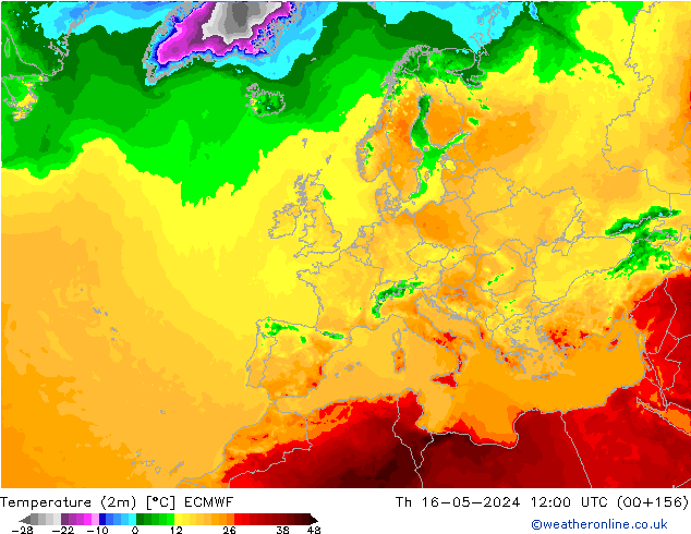 Temperatuurkaart (2m) ECMWF do 16.05.2024 12 UTC