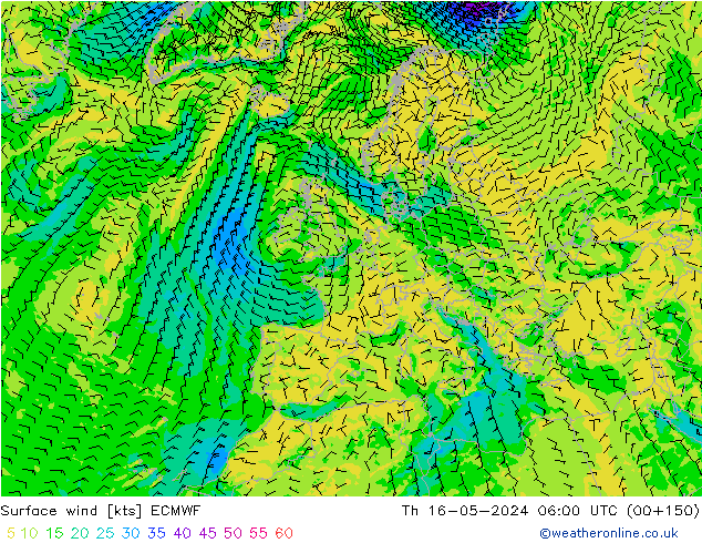 Surface wind ECMWF Čt 16.05.2024 06 UTC