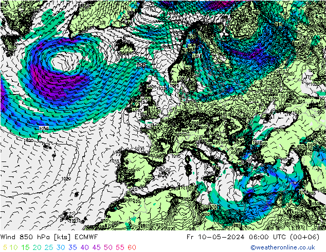 Wind 850 hPa ECMWF Fr 10.05.2024 06 UTC