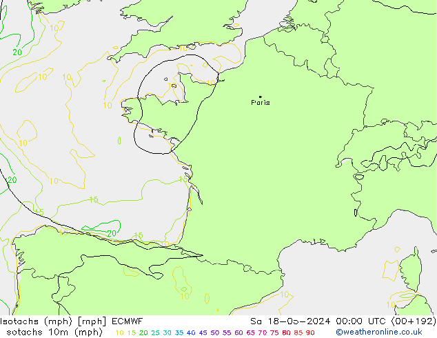 Isotachs (mph) ECMWF sab 18.05.2024 00 UTC