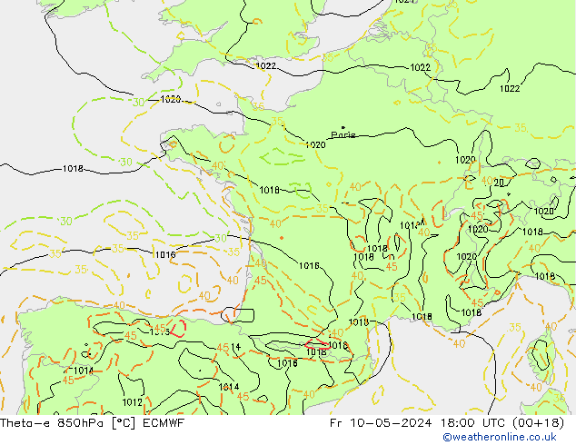 Theta-e 850hPa ECMWF Fr 10.05.2024 18 UTC