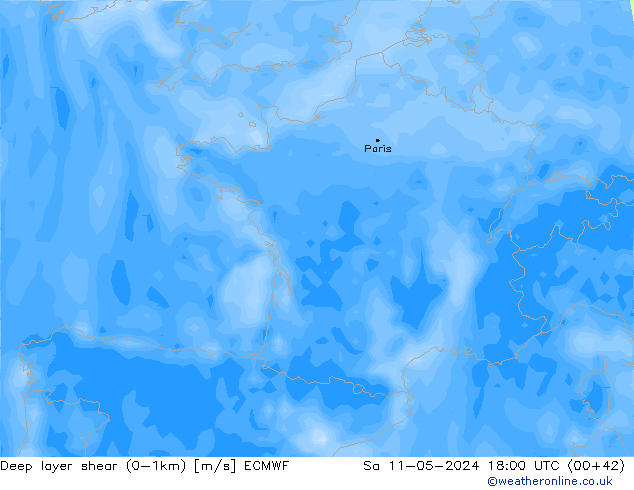 Deep layer shear (0-1km) ECMWF Sa 11.05.2024 18 UTC