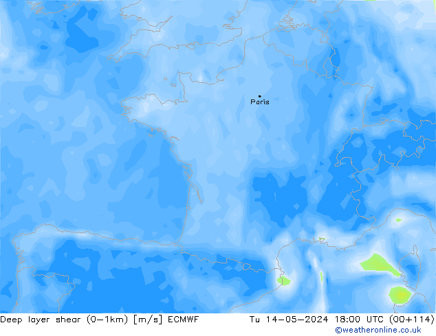 Deep layer shear (0-1km) ECMWF Tu 14.05.2024 18 UTC