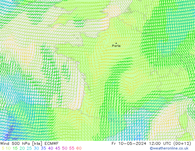 wiatr 500 hPa ECMWF pt. 10.05.2024 12 UTC