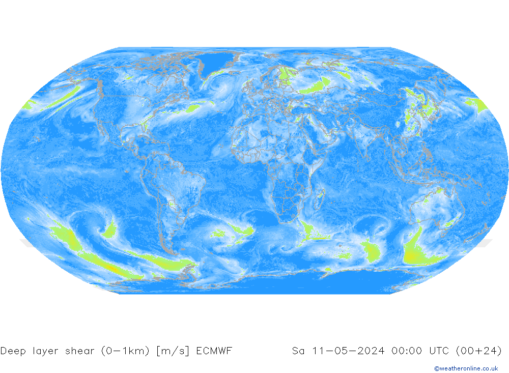 Deep layer shear (0-1km) ECMWF sab 11.05.2024 00 UTC