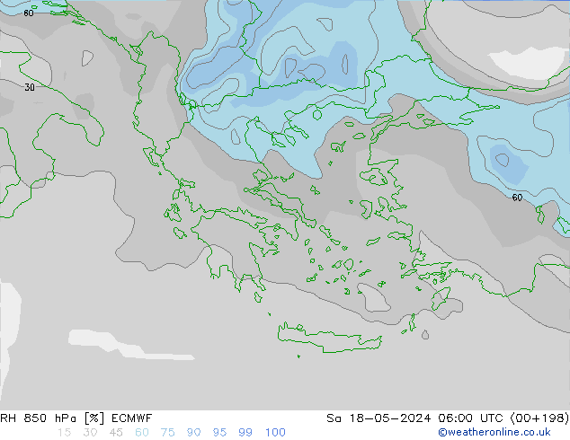 Humidité rel. 850 hPa ECMWF sam 18.05.2024 06 UTC