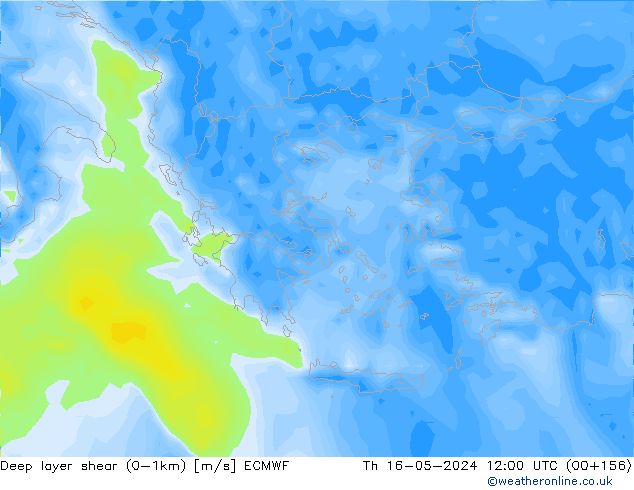 Deep layer shear (0-1km) ECMWF do 16.05.2024 12 UTC
