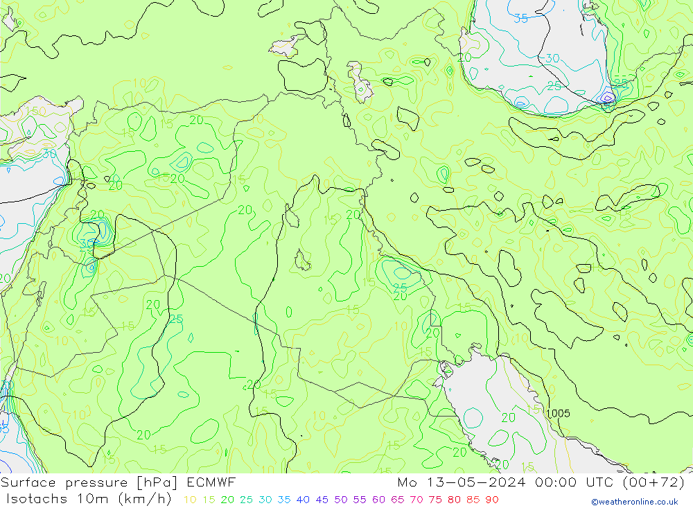 Isotachs (kph) ECMWF  13.05.2024 00 UTC
