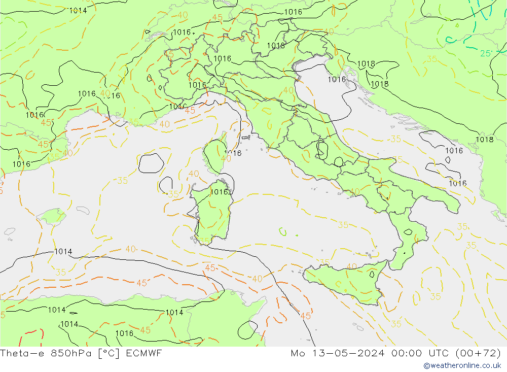 Theta-e 850hPa ECMWF Mo 13.05.2024 00 UTC