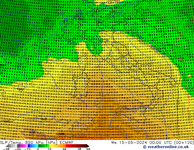 SLP/Temp. 850 гПа ECMWF ср 15.05.2024 00 UTC