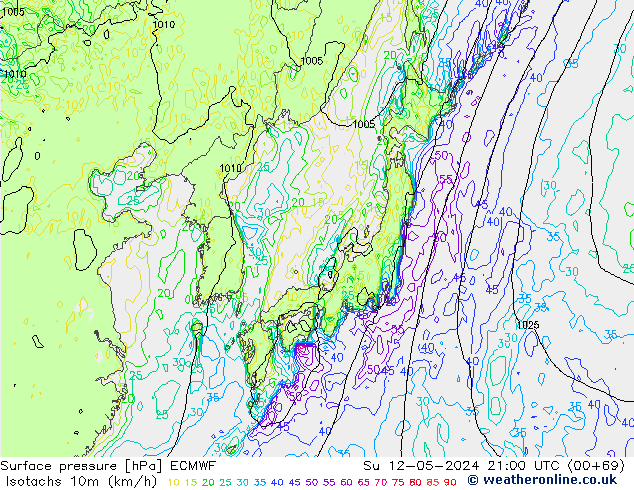 Isotachen (km/h) ECMWF zo 12.05.2024 21 UTC