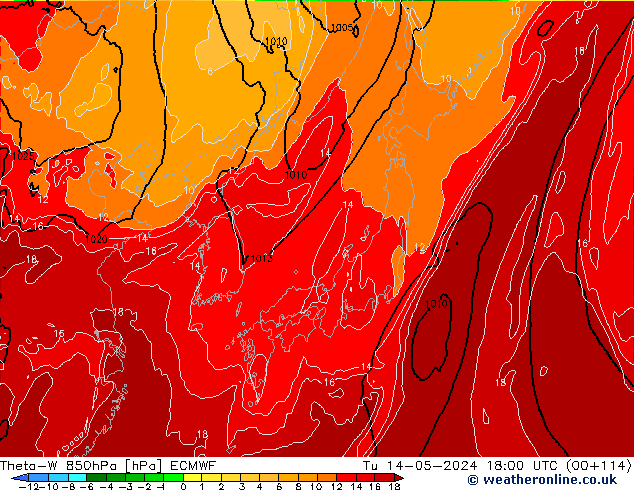 Theta-W 850hPa ECMWF di 14.05.2024 18 UTC