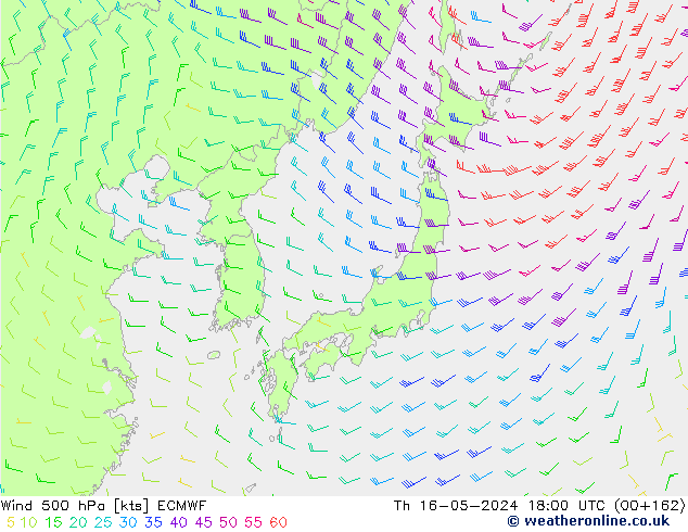 Vento 500 hPa ECMWF gio 16.05.2024 18 UTC