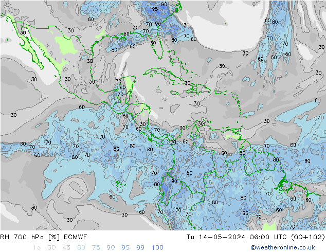 RH 700 hPa ECMWF Út 14.05.2024 06 UTC