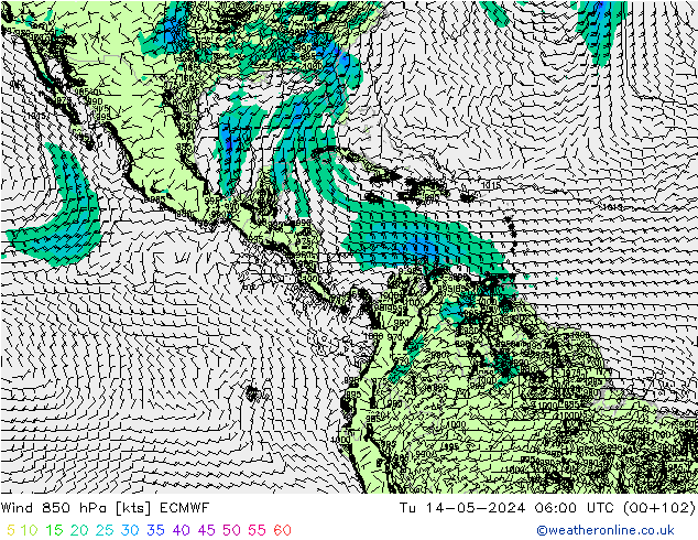 ветер 850 гПа ECMWF вт 14.05.2024 06 UTC