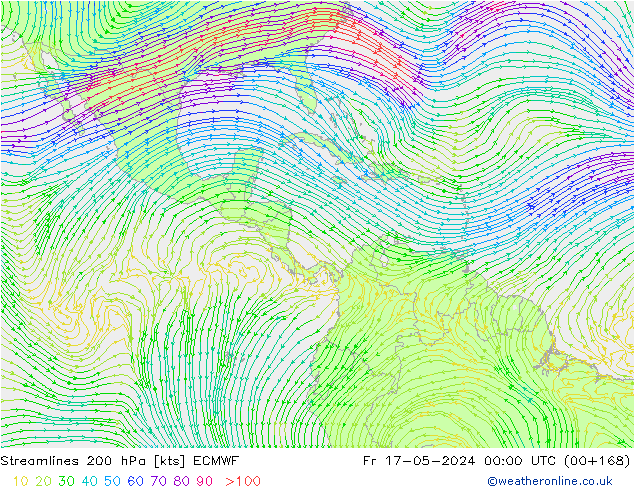 Ligne de courant 200 hPa ECMWF ven 17.05.2024 00 UTC