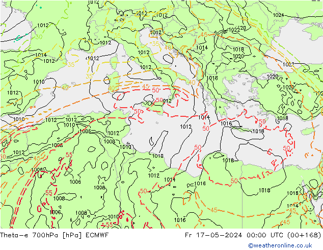Theta-e 700hPa ECMWF ven 17.05.2024 00 UTC