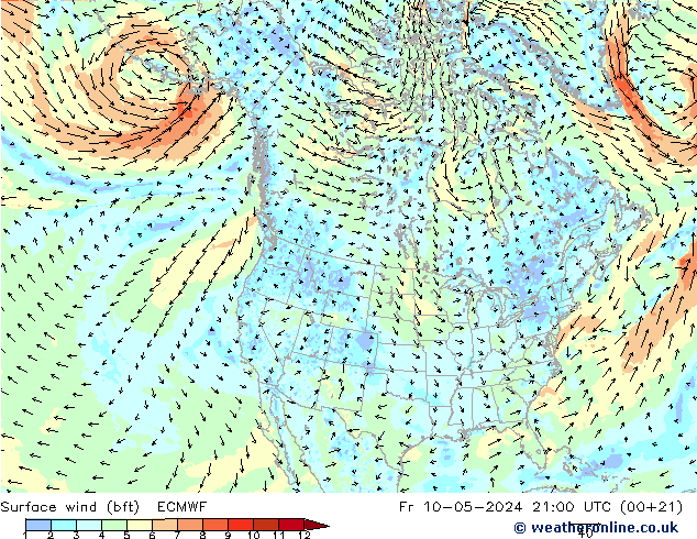 Surface wind (bft) ECMWF Fr 10.05.2024 21 UTC