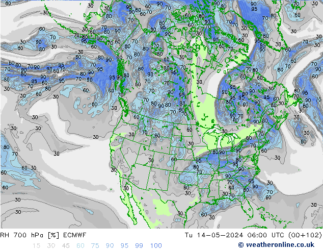 Humidité rel. 700 hPa ECMWF mar 14.05.2024 06 UTC