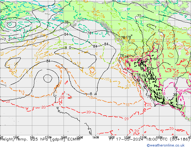 Hoogte/Temp. 925 hPa ECMWF vr 17.05.2024 18 UTC