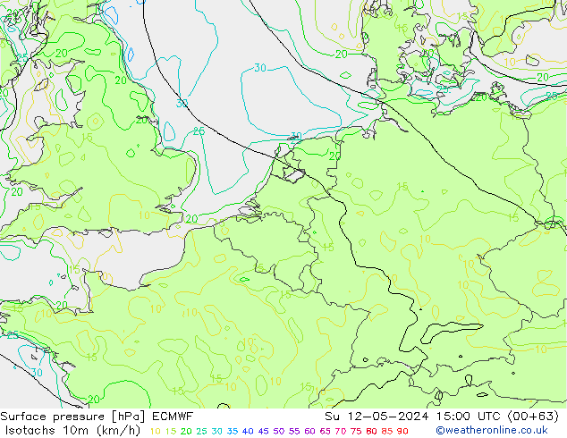 Eşrüzgar Hızları (km/sa) ECMWF Paz 12.05.2024 15 UTC