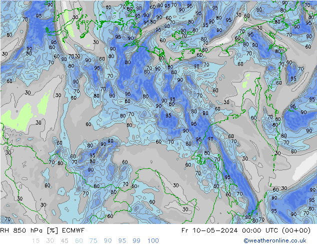 Humidité rel. 850 hPa ECMWF ven 10.05.2024 00 UTC